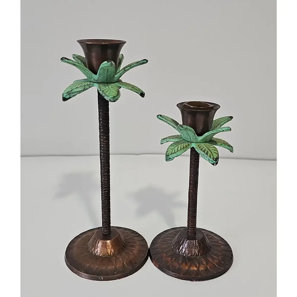 Palm Tree Candle Holders Set of 2 Metal Tropical Coastal Decor